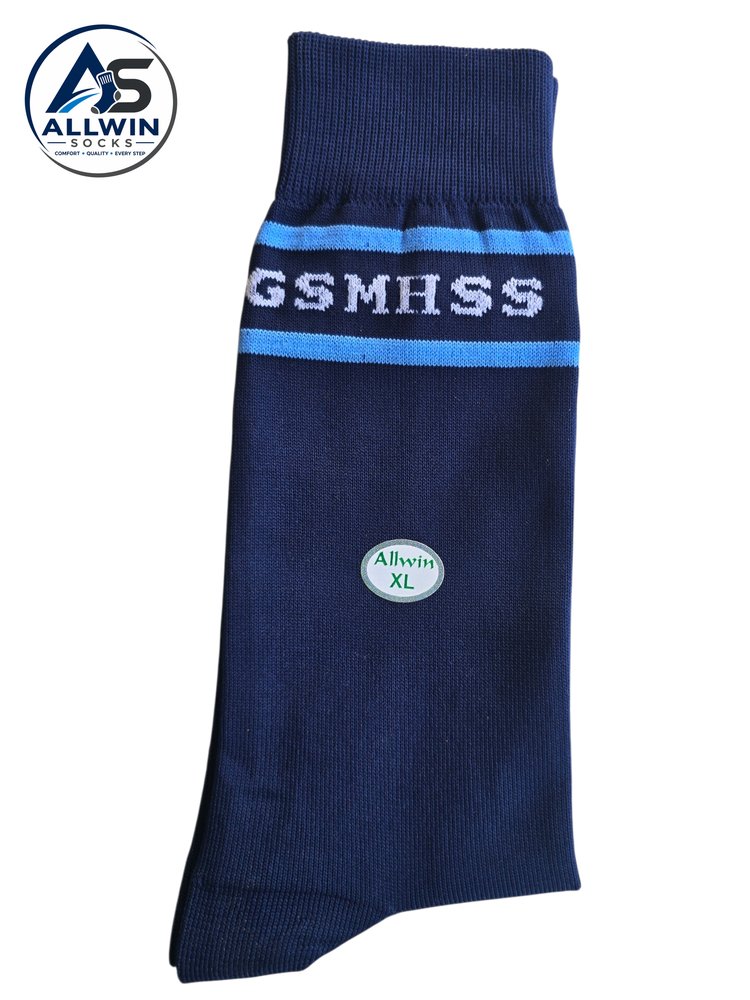 Navy school sock with the school initials knitted into the cuff